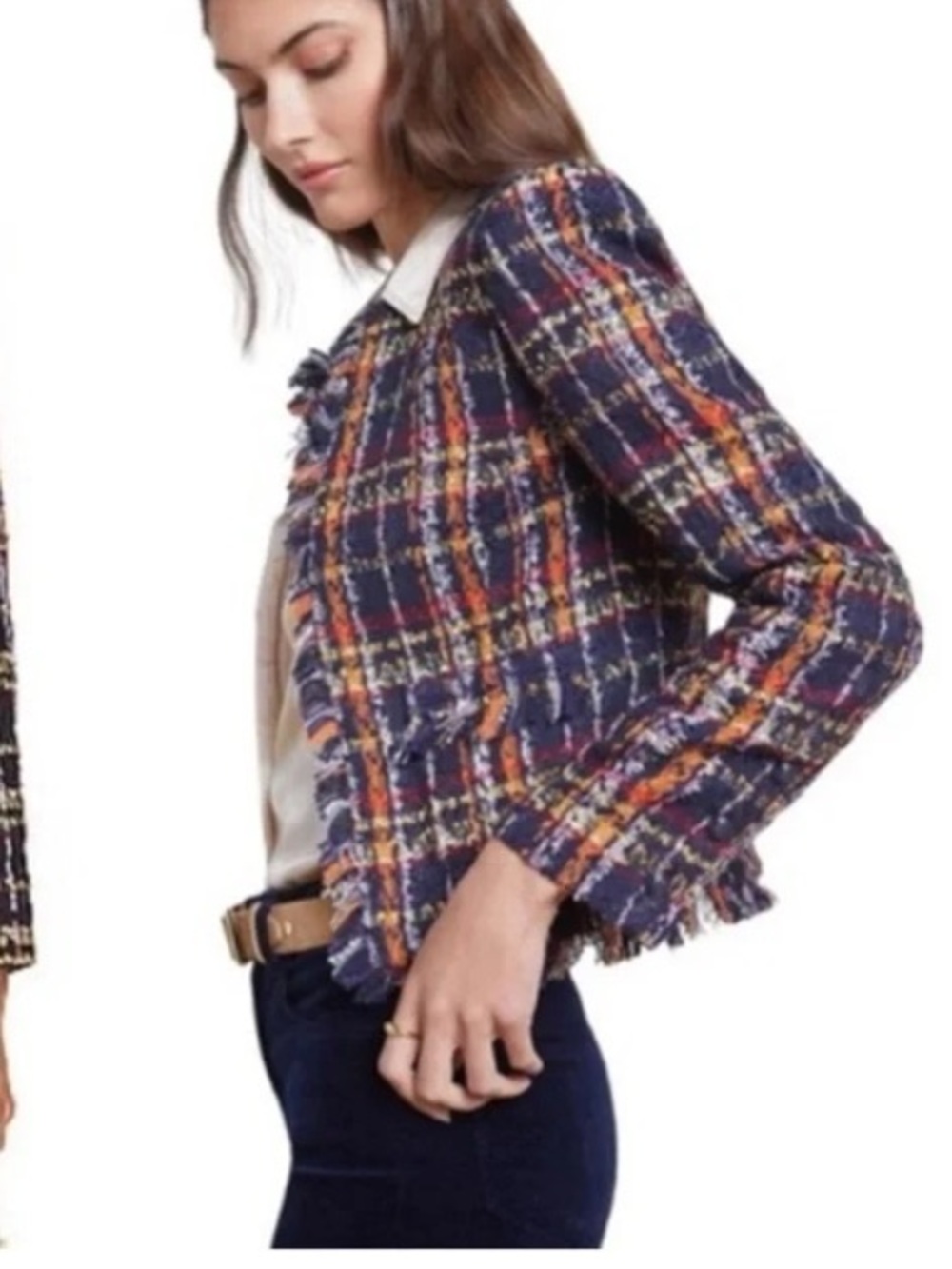 L'AGENCE Angelina Jacket Multi Tweed fringe crop blazer jacket